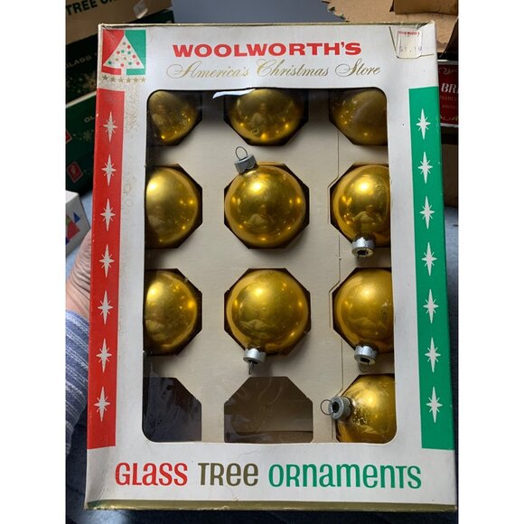 Vintage Woolworths Gold Glass Christmas Tree Ornaments Original Box Set of 10 19 - Picture 1 of 9